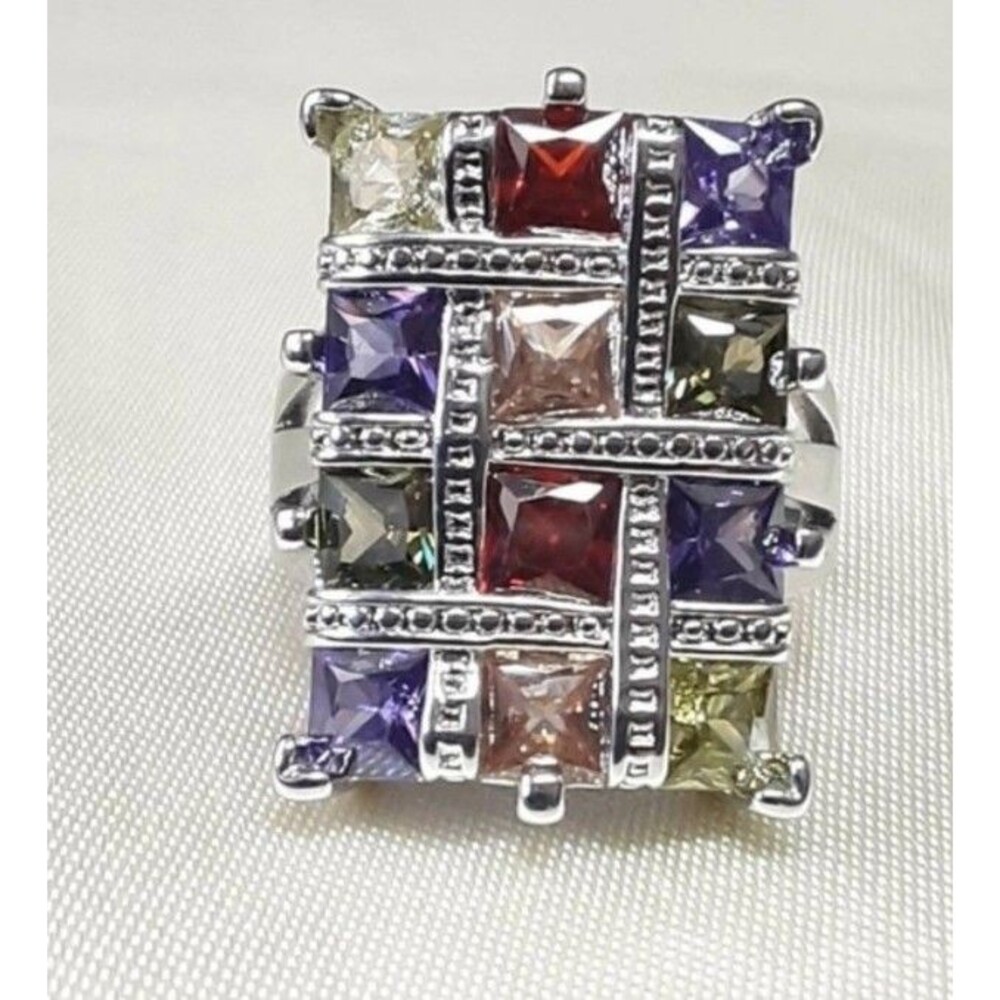 Vintage Sterling Silver & Natural Multi Stone Tourmaline Statement Ring S-8